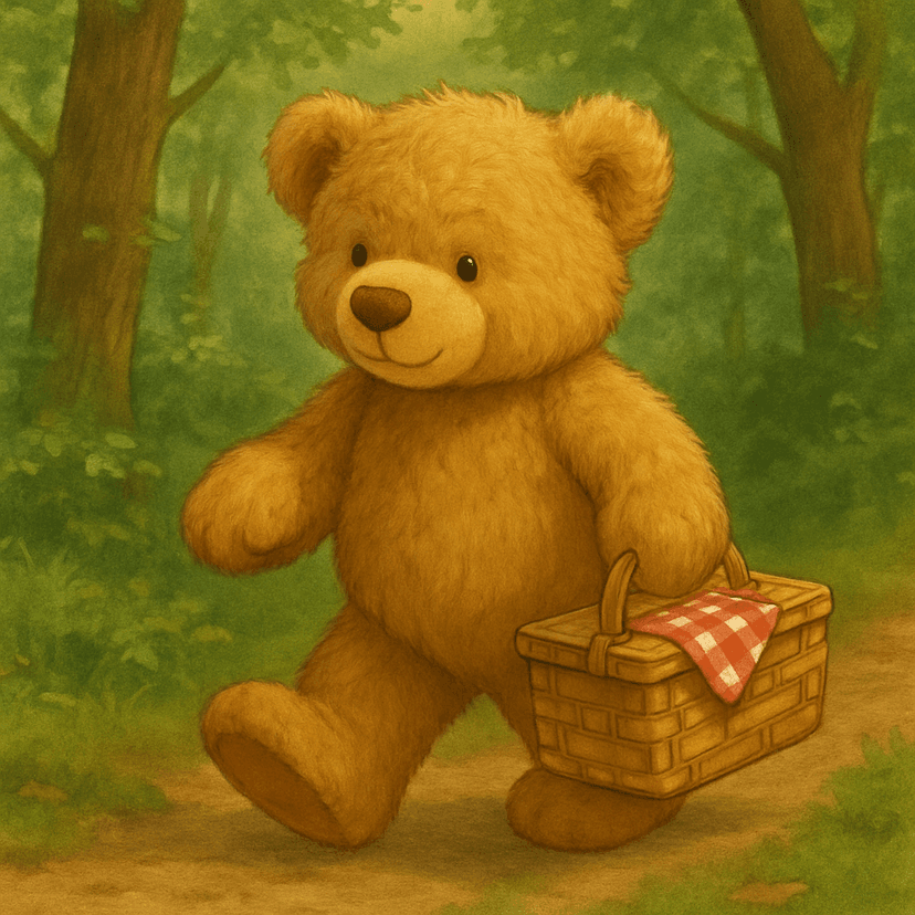 Teddy going for a walk through the woods with a picnic basket